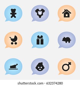 Set Of 9 Editable Folks Icons. Includes Symbols Such As Baby, Home, Woman Sign And More. Can Be Used For Web, Mobile, UI And Infographic Design.