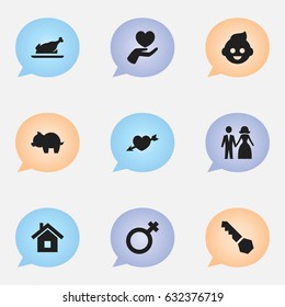 Set Of 9 Editable Folks Icons. Includes Symbols Such As Lock, Fried Chicken, Heart And More. Can Be Used For Web, Mobile, UI And Infographic Design.