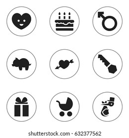 Set Of 9 Editable Folks Icons. Includes Symbols Such As Gift, Man Emblem, Lock And More. Can Be Used For Web, Mobile, UI And Infographic Design.