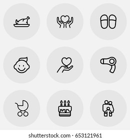 Set Of 9 Editable Folks Icons. Includes Symbols Such As Baby, People, Dryer And More. Can Be Used For Web, Mobile, UI And Infographic Design.