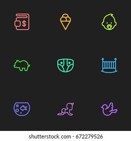 Set Of 9 Editable Folks Icons. Includes Symbols Such As Fish Tank, Bedstead, Nappy And More. Can Be Used For Web, Mobile, UI And Infographic Design.