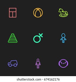 Set Of 9 Editable Folks Icons. Includes Symbols Such As Balcony, Girl, Tower And More. Can Be Used For Web, Mobile, UI And Infographic Design.