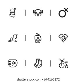 Set Of 9 Editable Folks Icons. Includes Symbols Such As Female Sign, Clothes, Heart In Hand. Can Be Used For Web, Mobile, UI And Infographic Design.