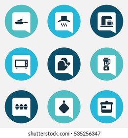 Set Of 9 Editable Food Icons. Includes Symbols Such As Kitchen Hood, Kitchen Glove, Hand Mixer. Can Be Used For Web, Mobile, UI And Infographic Design.