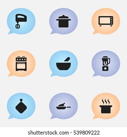 Set Of 9 Editable Food Icons. Includes Symbols Such As Pot-Holder, Cookware, Hand Mixer. Can Be Used For Web, Mobile, UI And Infographic Design.