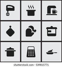 Set Of 9 Editable Food Icons. Includes Symbols Such As Kitchen Glove, Soup Pot, Pot-Holder And More. Can Be Used For Web, Mobile, UI And Infographic Design.