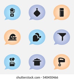Set Of 9 Editable Food Icons. Includes Symbols Such As Kitchen Glove, Cookware, Filtering And More. Can Be Used For Web, Mobile, UI And Infographic Design.