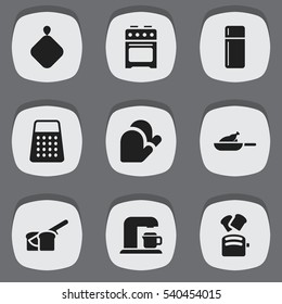Set Of 9 Editable Food Icons. Includes Symbols Such As Slice Bread, Shredder, Bakery And More. Can Be Used For Web, Mobile, UI And Infographic Design.