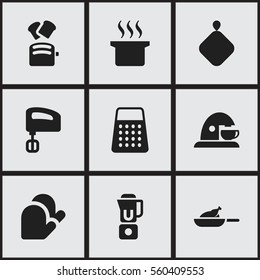Set Of 9 Editable Food Icons. Includes Symbols Such As Shredder, Slice Bread, Agitator And More. Can Be Used For Web, Mobile, UI And Infographic Design.