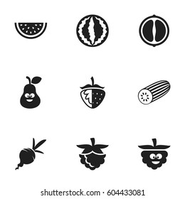 Set Of 9 Editable Food Icons. Includes Symbols Such As Muskmelon, Turnip, Cucumber And More. Can Be Used For Web, Mobile, UI And Infographic Design.