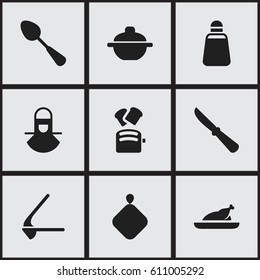 Set Of 9 Editable Food Icons. Includes Symbols Such As Rocker Blade, Crusher, Kitchen Blade And More. Can Be Used For Web, Mobile, UI And Infographic Design.