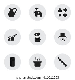 Set Of 9 Editable Food Icons. Includes Symbols Such As Kitchen Hood, Jug, Meat Grinder And More. Can Be Used For Web, Mobile, UI And Infographic Design.