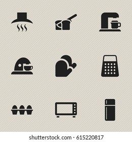 Set Of 9 Editable Food Icons. Includes Symbols Such As Kitchen Glove, Oven, Kitchen Hood And More. Can Be Used For Web, Mobile, UI And Infographic Design.
