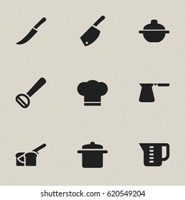 Set Of 9 Editable Food Icons. Includes Symbols Such As Coffee Pot, Bakery, Husker And More. Can Be Used For Web, Mobile, UI And Infographic Design.