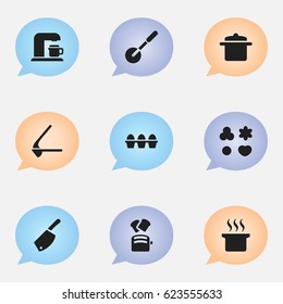 Set Of 9 Editable Food Icons. Includes Symbols Such As Cookware, Egg Carton, Slice Bread And More. Can Be Used For Web, Mobile, UI And Infographic Design.