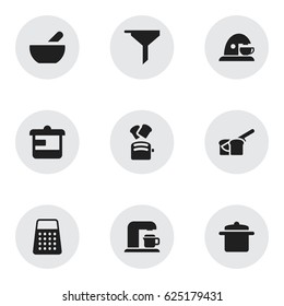 Set Of 9 Editable Food Icons. Includes Symbols Such As Drink Maker, Cookware, Filtering And More. Can Be Used For Web, Mobile, UI And Infographic Design.
