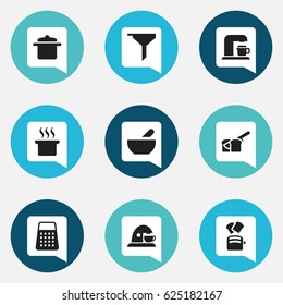 Set Of 9 Editable Food Icons. Includes Symbols Such As Filtering, Soup Pot, Cup And More. Can Be Used For Web, Mobile, UI And Infographic Design.