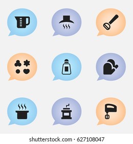 Set Of 9 Editable Food Icons. Includes Symbols Such As Husker, Agitator, Kitchen Glove And More. Can Be Used For Web, Mobile, UI And Infographic Design.