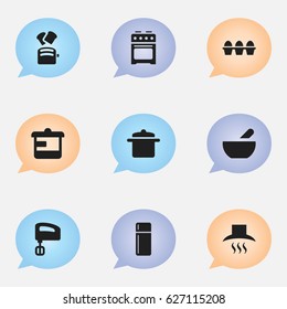 Set Of 9 Editable Food Icons. Includes Symbols Such As Cookware, Utensil, Kitchen Hood And More. Can Be Used For Web, Mobile, UI And Infographic Design.
