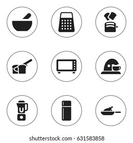Set Of 9 Editable Food Icons. Includes Symbols Such As Oven , Hand Mixer, Refrigerator. Can Be Used For Web, Mobile, UI And Infographic Design.