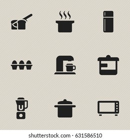 Set Of 9 Editable Food Icons. Includes Symbols Such As Egg Carton, Drink Maker, Cookware And More. Can Be Used For Web, Mobile, UI And Infographic Design.