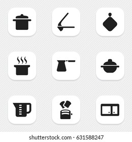 Set Of 9 Editable Food Icons. Includes Symbols Such As Soup Pot, Crusher, Slice Bread And More. Can Be Used For Web, Mobile, UI And Infographic Design.