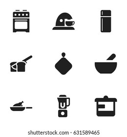Set Of 9 Editable Food Icons. Includes Symbols Such As Bakery, Hand Mixer, Refrigerator. Can Be Used For Web, Mobile, UI And Infographic Design.