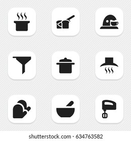 Set Of 9 Editable Food Icons. Includes Symbols Such As Agitator, Cookware, Kitchen Glove And More. Can Be Used For Web, Mobile, UI And Infographic Design.