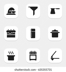 Set Of 9 Editable Food Icons. Includes Symbols Such As Cup, Pastry, Cookware And More. Can Be Used For Web, Mobile, UI And Infographic Design.