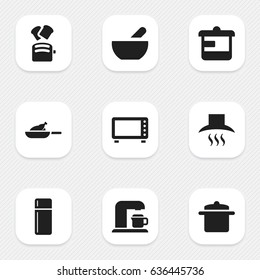 Set Of 9 Editable Food Icons. Includes Symbols Such As Cookware, Utensil, Refrigerator And More. Can Be Used For Web, Mobile, UI And Infographic Design.