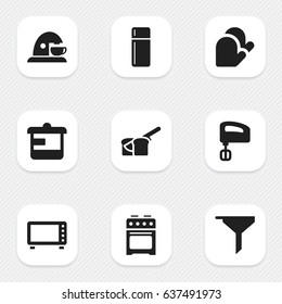 Set Of 9 Editable Food Icons. Includes Symbols Such As Utensil, Oven, Filtering And More. Can Be Used For Web, Mobile, UI And Infographic Design.