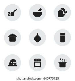 Set Of 9 Editable Food Icons. Includes Symbols Such As Pot-Holder, Refrigerator, Bakery And More. Can Be Used For Web, Mobile, UI And Infographic Design.