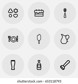 Set Of 9 Editable Food Icons. Includes Symbols Such As Cookie, Potato Peeler, Jug And More. Can Be Used For Web, Mobile, UI And Infographic Design.
