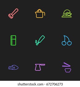 Set Of 9 Editable Food Icons. Includes Symbols Such As Juicer, Cherries, Beef And More. Can Be Used For Web, Mobile, UI And Infographic Design.