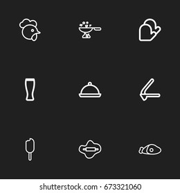Set Of 9 Editable Food Icons. Includes Symbols Such As Oven-Glove, Garlic Press, Tray And More. Can Be Used For Web, Mobile, UI And Infographic Design.