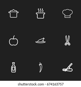 Set Of 9 Editable Food Icons. Includes Symbols Such As Grill, Chef Hat, Shears And More. Can Be Used For Web, Mobile, UI And Infographic Design.