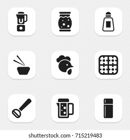 Set Of 9 Editable Food Icons. Includes Symbols Such As Husker, Saltshaker, Homemade Jelly And More. Can Be Used For Web, Mobile, UI And Infographic Design.