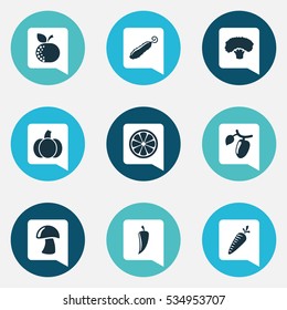 Set Of 9 Editable Food And Vegetable Icons. Includes Symbols Such As Root Vegetable, Chili, Tree And More. Can Be Used For Web, Mobile, UI And Infographic Design.
