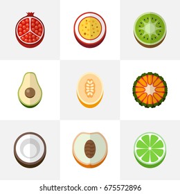 Set Of 9 Editable fruit Icons. Includes Symbols Such As Garnet, Cocos, maracuja And More. Can Be Used For Web, Mobile, UI And Infographic Design.