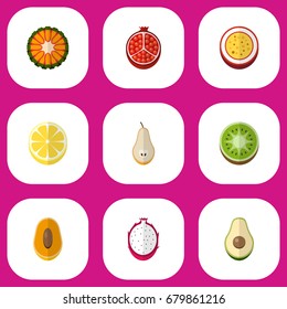 Set Of 9 Editable Fruits Flat Icons. Includes Symbols Such As Exotic Dessert, Guava, Papaya And More. Can Be Used For Web, Mobile, UI And Infographic Design.