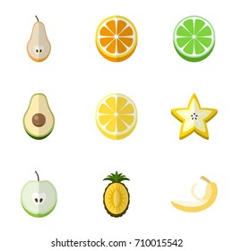 Set Of 9 Editable Fruits Flat Icons. Includes Symbols Such As Duchess, Mandarins, Jonagold. Can Be Used For Web, Mobile, UI And Infographic Design.