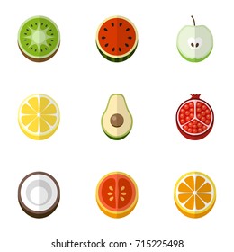 Set Of 9 Editable Fruits Flat Icons. Includes Symbols Such As Garnet, Papaya, Mandarins. Can Be Used For Web, Mobile, UI And Infographic Design.