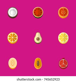 Set Of 9 Editable Fruits Flat Icons. Includes Symbols Such As Juicy, Citrus, Melon And More. Can Be Used For Web, Mobile, UI And Infographic Design.