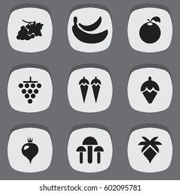 Set Of 9 Editable Fruits Icons. Includes Symbols Such As Grapevine, Jungle Fruit, Champignon And More. Can Be Used For Web, Mobile, UI And Infographic Design.