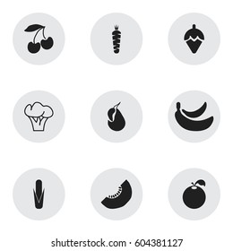 Set Of 9 Editable Fruits Icons. Includes Symbols Such As Cherry, Carrot, Melon Slice And More. Can Be Used For Web, Mobile, UI And Infographic Design.