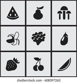 Set Of 9 Editable Fruits Icons. Includes Symbols Such As Banana, Champignon, Muskmelon And More. Can Be Used For Web, Mobile, UI And Infographic Design.