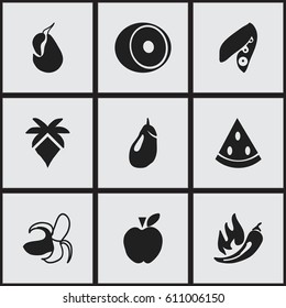 Set Of 9 Editable Fruits Icons. Includes Symbols Such As Avocado, Paprika, Palm And More. Can Be Used For Web, Mobile, UI And Infographic Design.