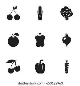 Set Of 9 Editable Fruits Icons. Includes Symbols Such As Cherry, Bunch Of Flowers, Carrot And More. Can Be Used For Web, Mobile, UI And Infographic Design.
