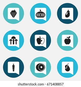 Set Of 9 Editable Fruits Icons. Includes Symbols Such As Champignon, Berry, Carrot And More. Can Be Used For Web, Mobile, UI And Infographic Design.