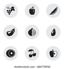 Set Of 9 Editable Fruits Icons. Includes Symbols Such As Apple, Melon, Eggplant And More. Can Be Used For Web, Mobile, UI And Infographic Design.